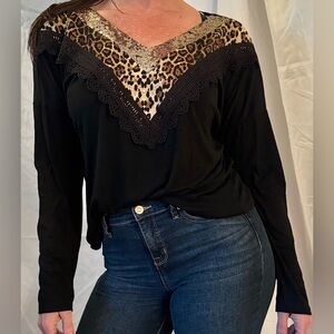FSL Black Long-sleeve Top with Leopard Print and Gold Sequins
